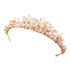 Floral tiara crafted with champagne and gold pearls and opal accents.