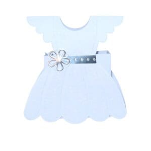 White dress-shaped card with floral embellishment.