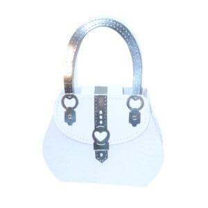 White handbag with metallic heart buckle.