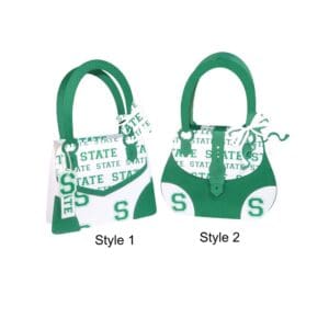 Two green and white "STATE" handbags.