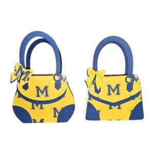Yellow and blue handbags with bow decorations.