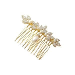 Gold hair comb with pearls and leaves.