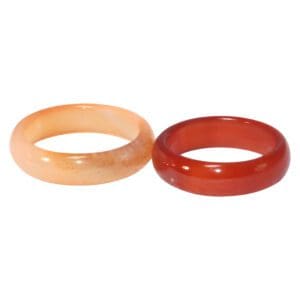 Two colorful jade rings on display.