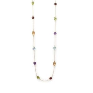 Colorful gemstone necklace on white background.