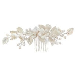 Floral hair comb with leaves and pearls.