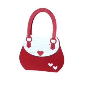 Red and white handbag with heart design.