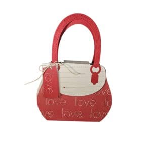 Red and white handbag with "love" pattern.