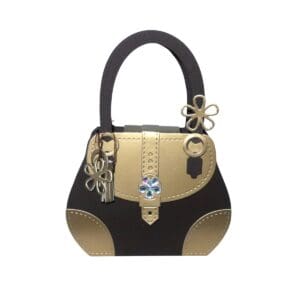 Stylish handbag with floral decorations and lock.