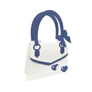 White and blue handbag with bow decoration.