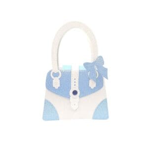 Blue and white handbag with a bow.