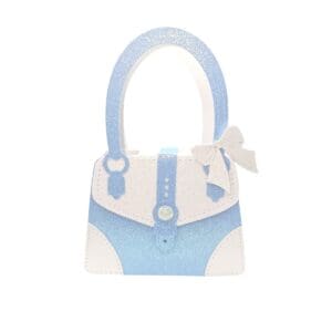 Blue and white handbag with a bow.