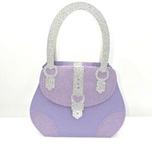 Purple handbag with silver glitter accents.