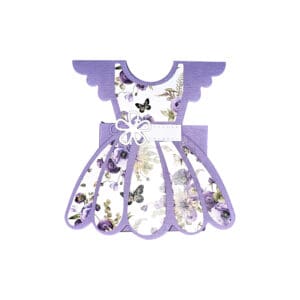 Purple floral dress card with butterfly design.