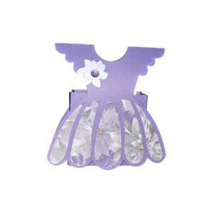 Purple dress card with floral decoration.