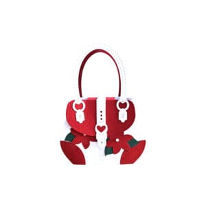 White handbag with red floral design.