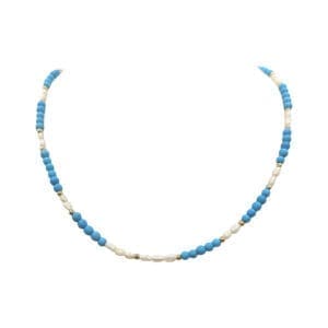 Turquoise and Pearl Beaded Necklace Accented with Gold